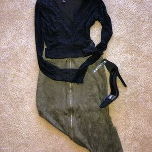 Olive Velvet Zipper Skirt